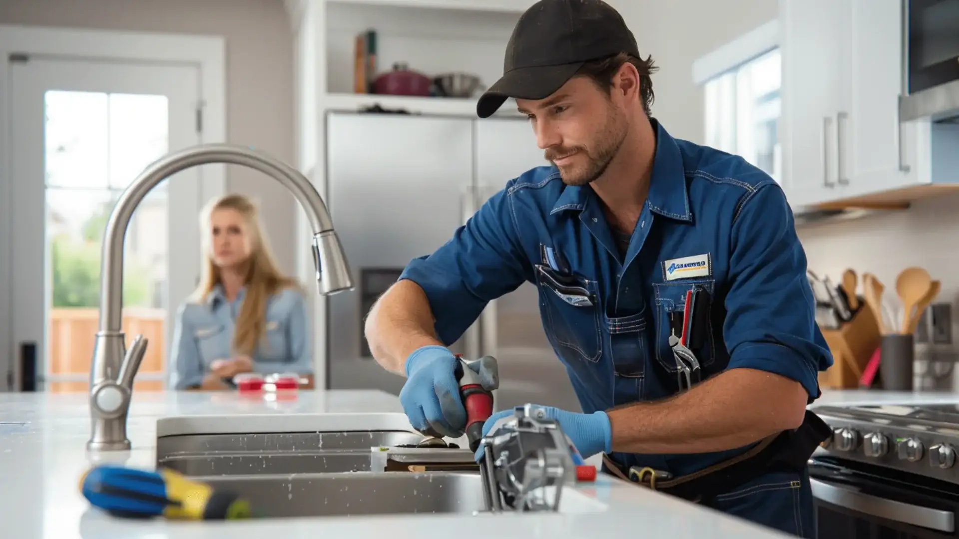 Licensed plumber working at kitchen sink in Littleton, CO — Littleton Plumbing Pros