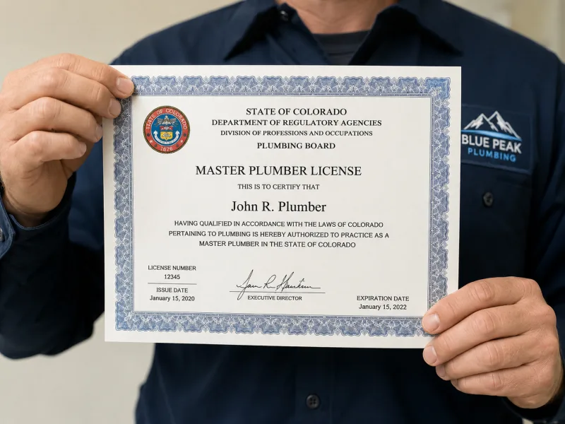 Colorado Master Plumber License certificate held by the owner of Littleton Plumbing Pros